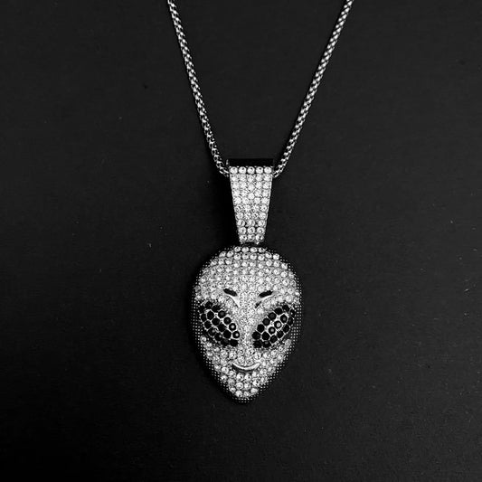 Men's Stainless Steel Pendent Alien Iced out Chain - Silver