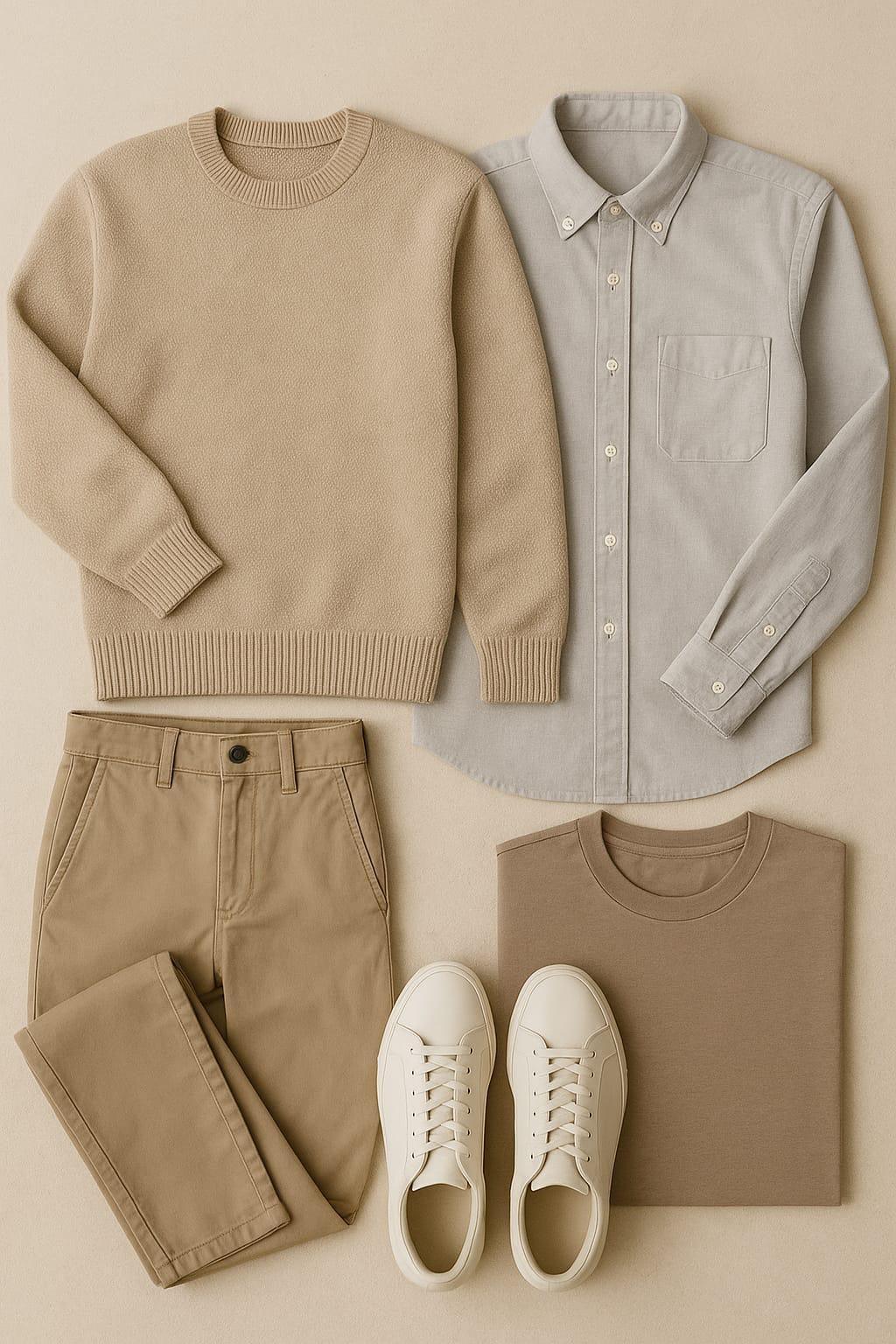 Flat lay of men’s neutral wardrobe using 3 color rule