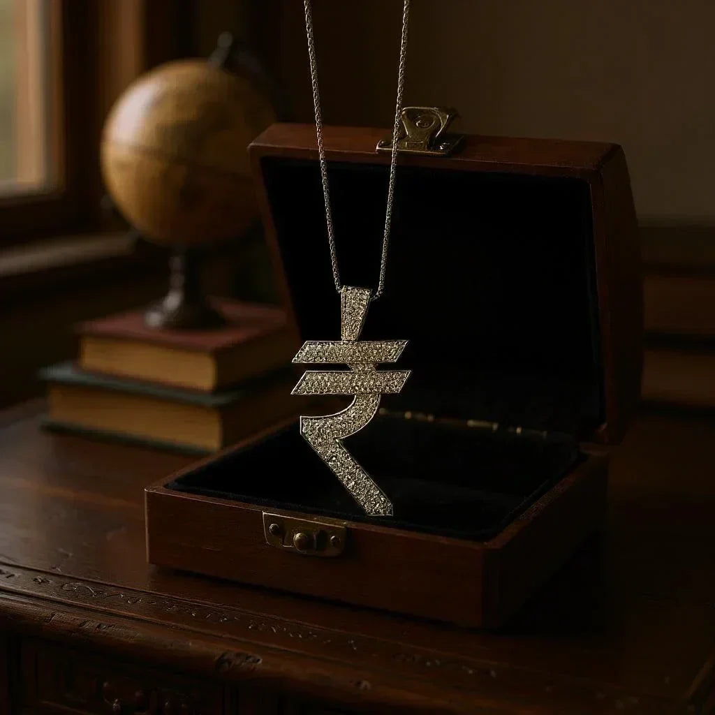 Men's Stainless Steel  Pendent Rupee Iced out Chain - Silver