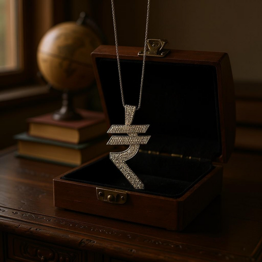 Men's Stainless Steel  Pendent Rupee Iced out Chain - Silver