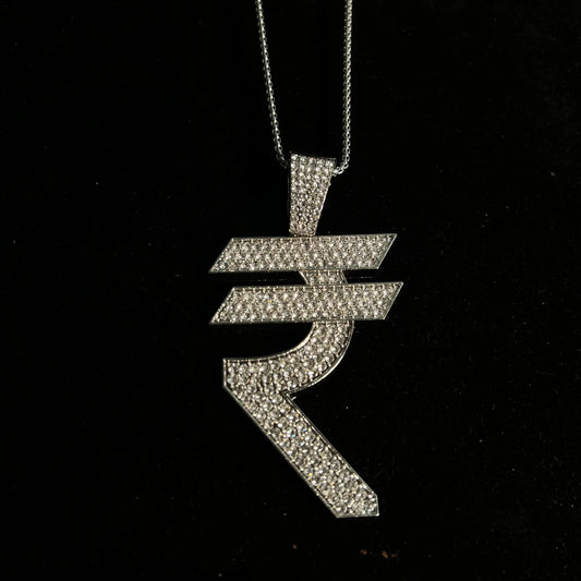 Men's Stainless Steel  Pendent Rupee Iced out Chain - Silver