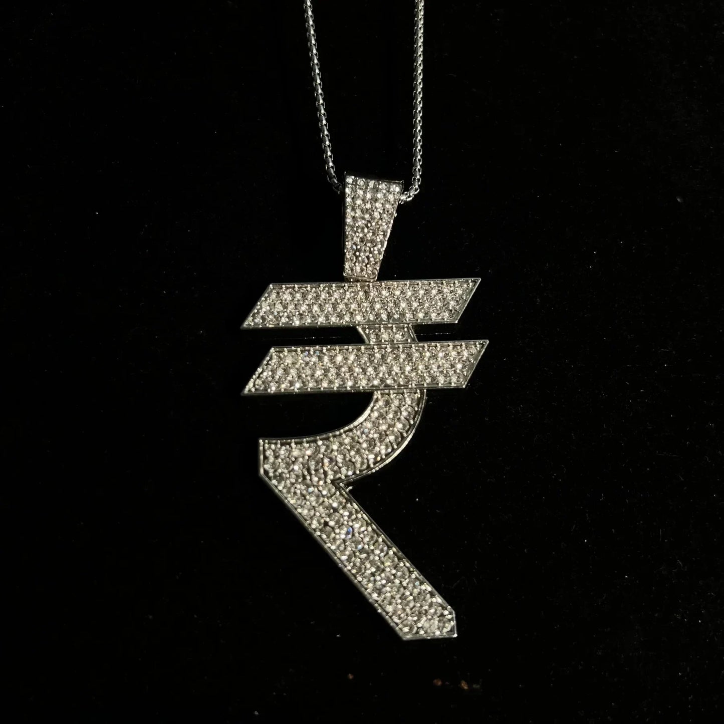 Men's Stainless Steel  Pendent Rupee Iced out Chain - Silver