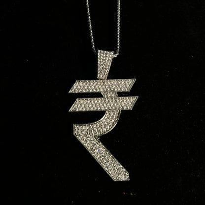 Men's Stainless Steel  Pendent Rupee Iced out Chain - Silver